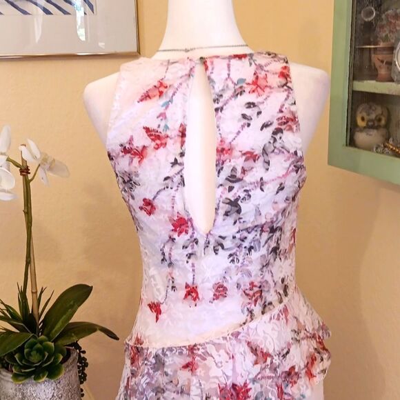 Bebe Lace Dress with Blue and Deep Pink Accents. Asymmeyric. Asian Inspired.Lace - Picture 6 of 11